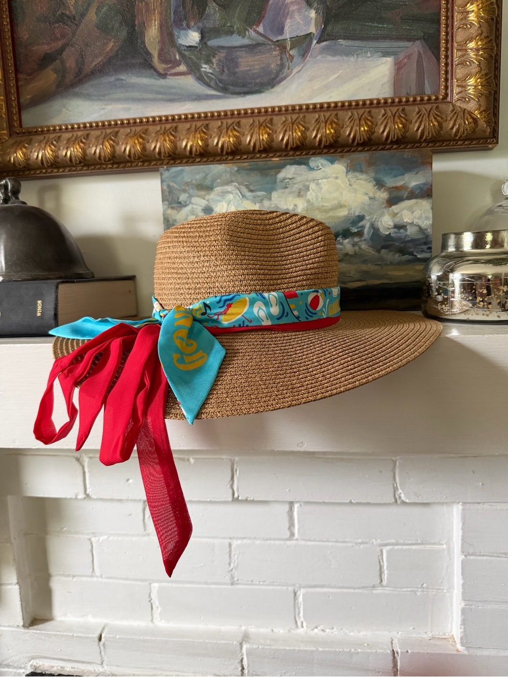 Vince Camuto Straw Hat with Festing Twilly & Red Scarf accents
